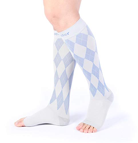 Doc Miller Open Toe Compression Socks Women 20-30Mmhg, Toeless Socks For Women And Men - Recovery From Fatigue Shin Splints Edema And Varicose Veins, 1 Pair Medium - Grey And Blue Argyle Design #TOP6