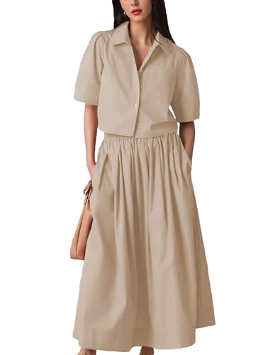 Image of Womens Summer 2 Piece Outfits Skirt Sets Button Short Sleeve Tops Elastic Waist Maxi Dress Sets with Pockets