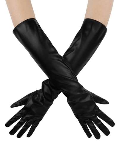 Aiphamy Womens Long Faux Leather Opera Gloves Elegant Elbow Length Evening Gloves for Party Costume Cosplay or Formal Wear (Black One Size)