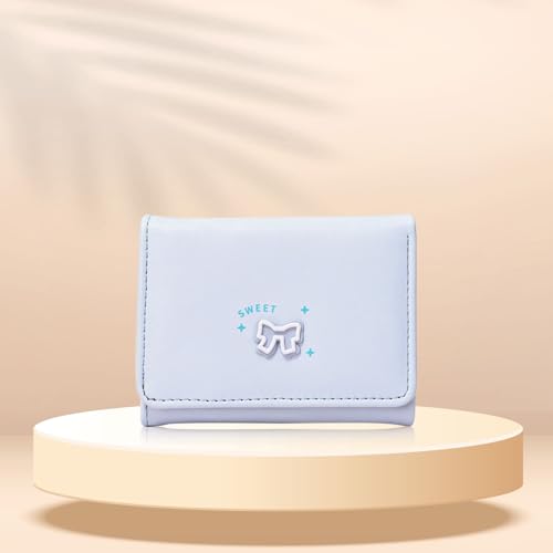 Trifold Wallets for Women with Cute Bow, Simple Trendy PU Ladies Purse with ID Window Multi Card Slots(Blue) - Main Image