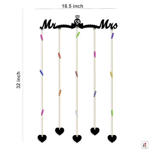 Image of Art Street Mr & Mrs MDF Plaque Clip Photo Frame Collage Hanging Frame with Wooden Clips with LED Lights, Valentine Day Gift (Black, 18.5 x 32 Inch)