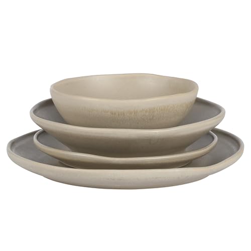 Image of Gibson Elite Island Cove 16 Piece (Service for 4) Plates and Bowls Reactive Glaze Organic Round Dishes Stoneware Ceramic Dinnerware Set -Light Grey
