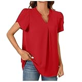 Affen T Shirt Damen Sommer Casual T-Shirts Elegante Chiffon Blusen Blütenblatt Kurzarm V-Ausschnitt Tunika Tops Für Leggings Damen Bauchfrei (Red, XL)