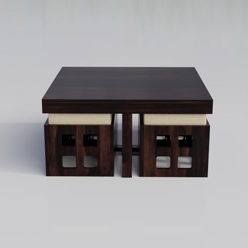 Image of Solid Sheesham Wood Coffee Table with 4 Stool | Center Table with 4 Stools for Living Room | Rosewood Teapoy Table with Cushioned Stool (Square,Walnut Finish)
