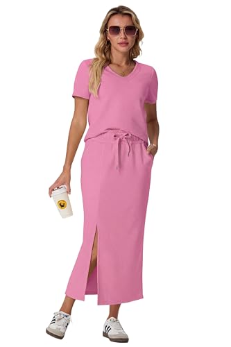 Image of GRECERELLE Women Summer Casual 2 Piece Sets V-Neck Wrinkle-Free Top & Elastic Waist Midi Side Slit Skirt with Pockets