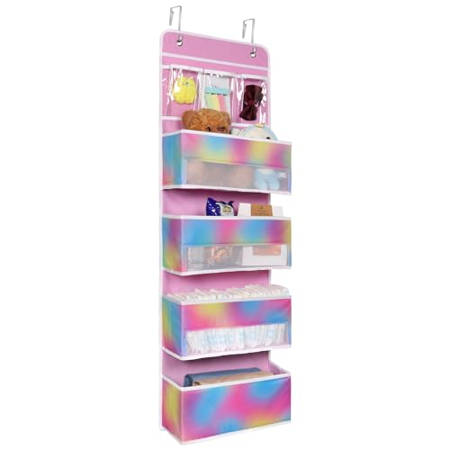 Image of Univivi Door Storage Organizer Nursery Over the Door Organizer Baby Storage with 4 Large Pockets and 3 Small PVC Pockets for Baby Girls Room Toys and Sundries Organization