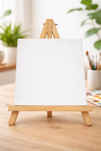 Image of 10 inch Inch Wooden Easel Stand with 6 inch Canvas - Premium Pine Wood Build | Smooth Rounded Top Finish | Rust-Free Brass Hinges | Tabletop Display for Canvas, Photos & Cards (1)
