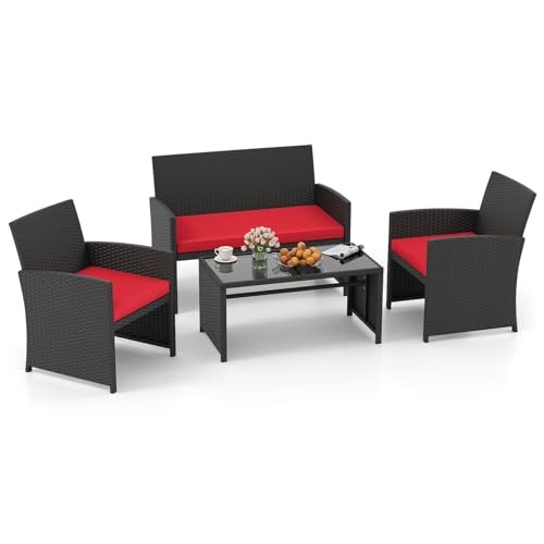 Image of Tangkula 4 Pices Patio Wicker Furniture Set, Outdoor Heavy Duty Rattan Cushioned Chairs, Loveseat and Tempered Glass Coffee Table, for Backyard, Balcony, Poolside
