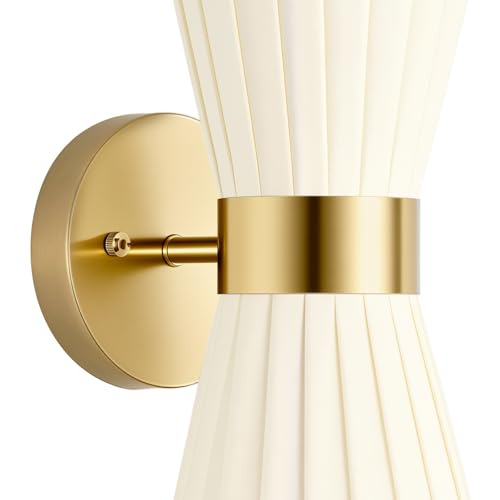 Image of Gold Wall Sconces Set of 2, Ivory Pleated Fabric Shade | Hardwired, Wall Light Fixtures, Up Down Wall Mount for Living Room Bedside