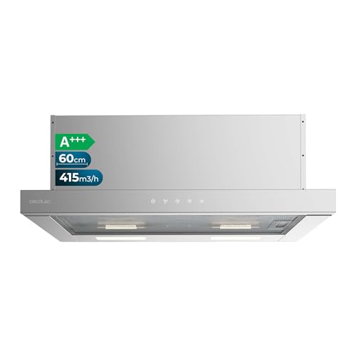 Cecotec Campana Extractora Telescópica 60cm Bolero Flux TLT 604000 Inox A+++. Succión 415m3/h, Motor DC, 3 Velocidades, SS Touch Control, Acabado Inoxidable, Luz LED, Filtros de Aluminio y Carbono