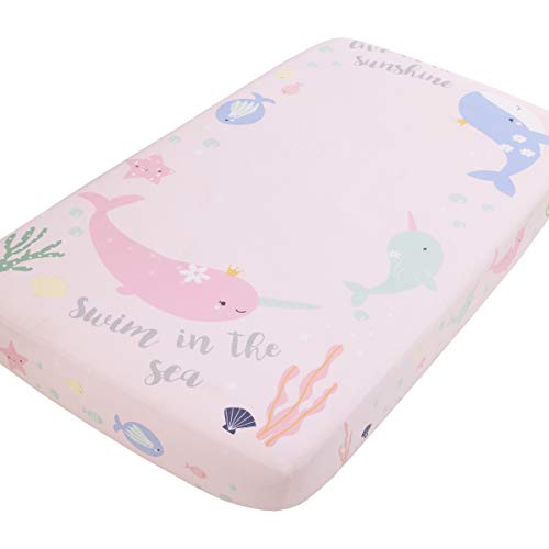 Image of NoJo Under The Sea Whimsy Pink and Blue Whales and Narwhals 100% Cotton Photo Op Fitted Crib Sheet