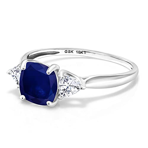 Gem Stone King 10K White Gold Blue Sapphire and White Moissanite Engagement Ring | 2.46 Cttw | 7MM Cushion and 4MM Trillion | 3 Stone Wedding Engagement Anniversary Promise Ring For Women4