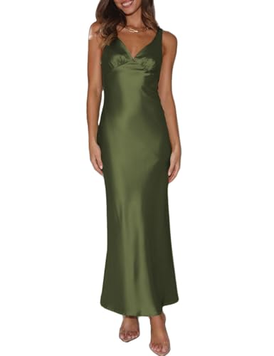 Womens Elegant Satin V Neck Backless Sleeveless Maxi Dress Silk Tie Low Back Formal Cocktail Dresses Wedding Guest Army