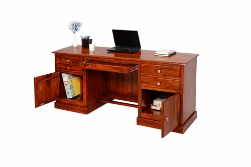 Image of Solid Sheesham Wood Office Desk with 4 Drawers & 2 Cabinets, Wooden Computer Table with Keyboard Tray & Footrest, Study Writing Desk for Home Office Furniture (Natural Finish Honey)