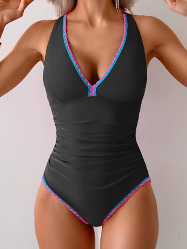 Image of B2prity One Piece Swimsuit for Women Tummy Control Ruched Bathing Suit Push Up Tie Back Swimwear Shell Stitched