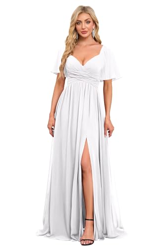 Image of Women's Flutter Sleeves Chiffon Bridesmaid Dresses with Slit Long A Line V-Neck Formal Party Dress with Pockets