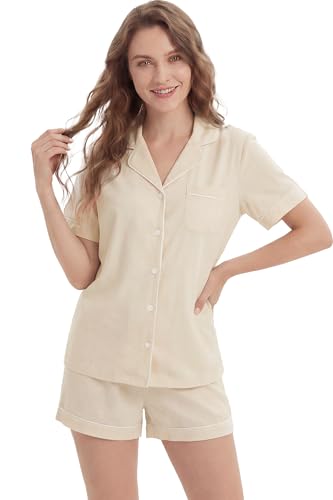 Image of LUBOT 100% Cotton Pajamas for Women 2 Piece PJ Set Button-Down Soft Knit Short Sleeve Summer Sleepwear Loungewear XS-XXL
