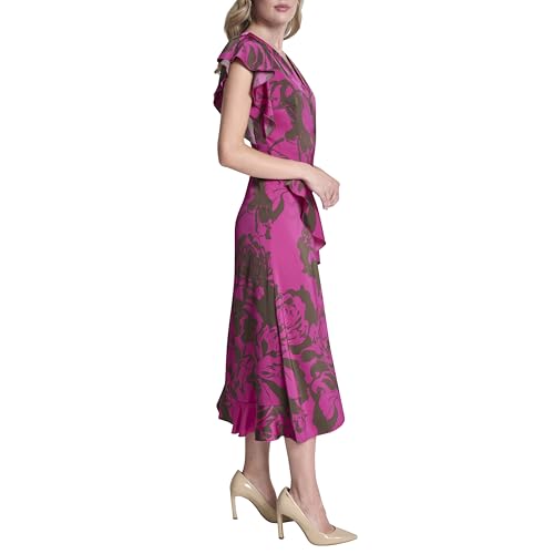 Image of DKNY Women's Ruffle Cap Sleeve Surplice Neck Fit and Flare Midi Dress