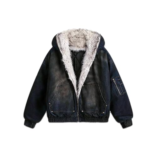 Fuzzy Hoodie Lined Thicken Denim Urban Vintage Trucker Hooded Jean Jacket Outwear