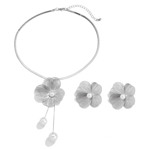 FDEETY Blumen Schmuckset Halskette Ohrringe Perlen Anhänger Damen Schmuck Elegante Blüten Accessoires Hochzeit Schmuckkollektion