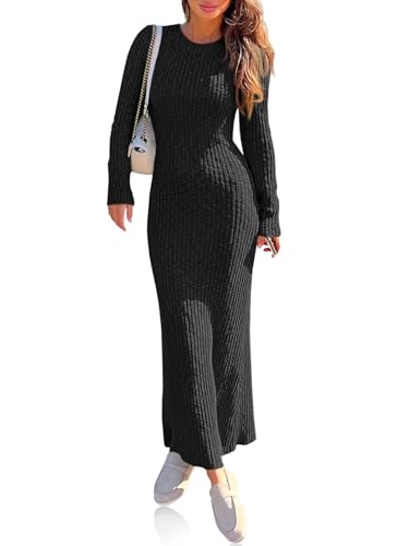 Wenrine Womens Sweater Maxi Dress Long Sleeve Knit Ribbed Crew Neck Slim Fit Casaul Fall Long Dresses Black