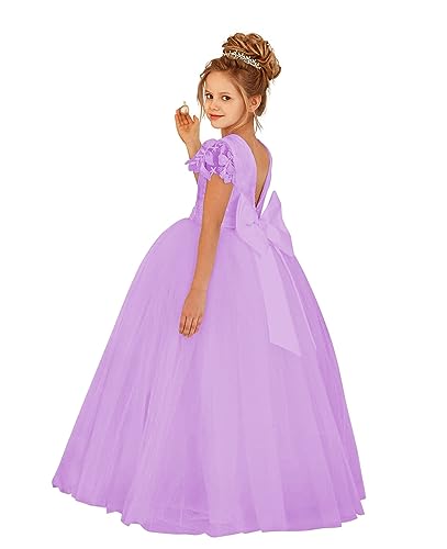 Lace Appliques Flower Girl Dresses Tulle Communion Party Princess Wedding Pageant Ball Gown Dress with Bow