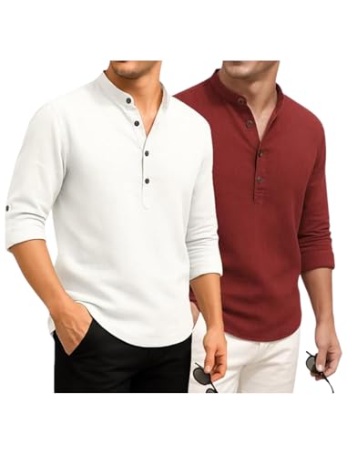 Image of DEEMOON Combo of Men's Cotton Blend Solid Regular Fit Full Sleeve Short Kurta | Men's Trendy Short Kurta Pack of 2 (Available in Plus Size & Combo Packs)