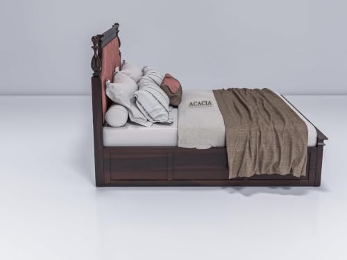 Image of Craft Wooden Queen Size Bed with Storage | Double Bed Cot Bed with Box Storage & Pink Colour Upholstered Cushioned Headboard for Bedroom | Solid Wood Sheesham, Walnut
