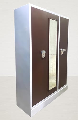 Image of MKFURNITURE Steel Almirah Wardrobe 3 Door with Mirror Cupboard | Wardrobe Storage Rack Closest Organizer for Clothes | 2 Hanging Space Single Locker with Letter Box | Modern Storage Wardrobe (Brown)