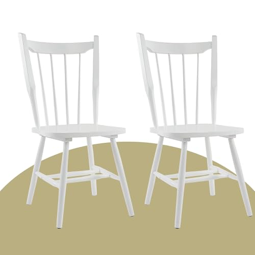 White Wooden Dining Chairs Set of 2, Windsor Dining Chairs with Spindle High Back & Solid Wood Legs, Farmhouse Vintage Kitchen Chair for Dining Room/Restaurant, Armless