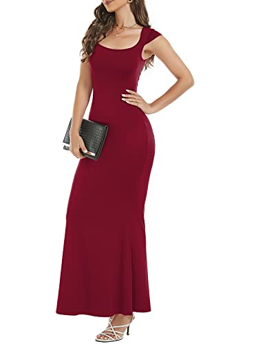 Image of Womens Summer Cap Sleeve Square Neck Elegant Casual Lounge Bodycon Slim Maxi Evening Party Long Dress
