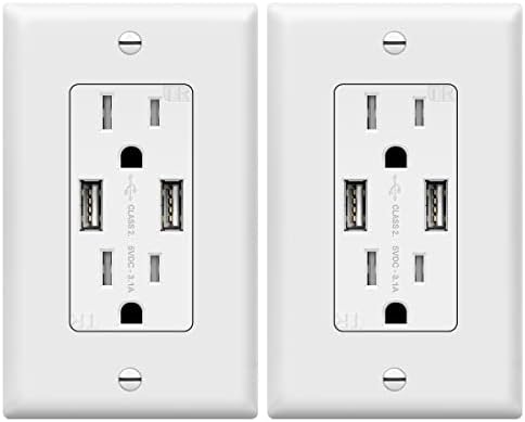 TOPGREENER 3.6A USB Wall Outlet Charger(Upgraded), 15A Duplex Tamper-Resistant Receptacles Plug, Charging Power Outlet with USB Ports, Electrical USB Socket, UL Listed, TU2153A-2PCS, White