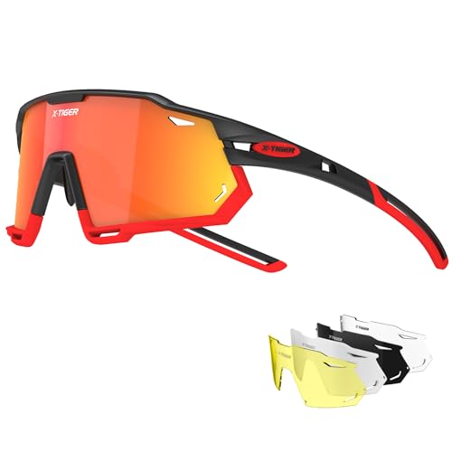 X-TIGER Lunettes de Cyclisme Polarisées Pour Hommes, Lunettes de VTT avec 3 Lentilles Interchangeables Anti-UV400, Lunettes de cyclisme pour le vélo, la...