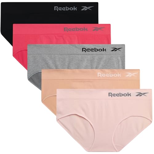 Reebok Hipster Panties for Women - 5 Pack Stretch Performance Seamless Underwear with Relaxed Tag-Free Waistband (S-XL), Size Medium, Black/Tan/Strawberry/Light Rose Pink/Light Grey