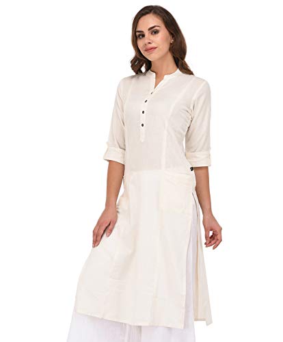 Image of Pistaa's Women's Cotton Relaxed Fit Straight Solid Kurta With Two Patch Pockets
