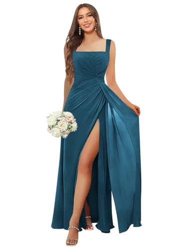 Image of HANVAIOS Square Neck Bridesmaid Dresses Long Chiffon Formal Maxi Dress with Slit
