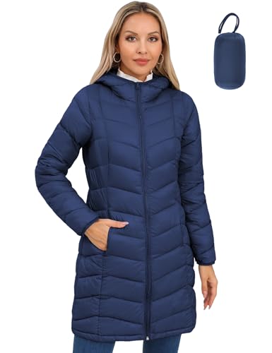 SLOWTOWN Women’s Packable Puffer Coat Lightweight Hooded Puffer Jakcet Mid Length Warm Winter Coat
