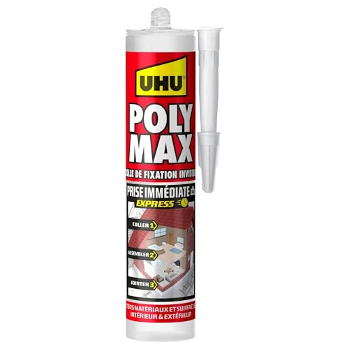 UHU Poly Max - Mastic-Colle Prise Immédiate Invisible Séchage Rapide - Pour Coller, Assembler, Jointer - Tous Matériaux & Surfaces - Intérieur/Extérieur - Sans Solvants - Transparent - Cartouche 300 g