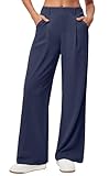 Ewedoos Wide Leg Trousers for Women Stretch Ladies Work Palazzo Trousers with Pockets High Elasticated Waist Yoga Pants Business Casual Navy