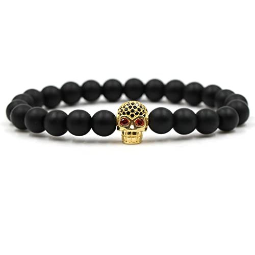 Bracelets en pierre pour hommes 19CM avec perles noires de 8mm et tête de mort