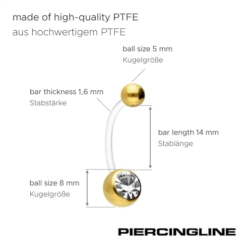 PIERCINGLINE flexibles Bauchnabelpiercing aus Teflon für Schwangerschaft individuell kürzbar in Goldfarben Kristallklar