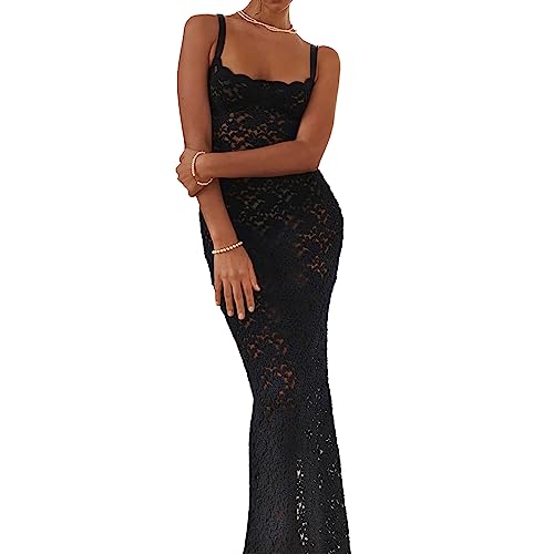 Women’s Cocktail Dress Sexy Lace Hollow Out Transparent Sleeveless Spaghetti Straps Slim Fit Maxi Party Club Evening Dress4
