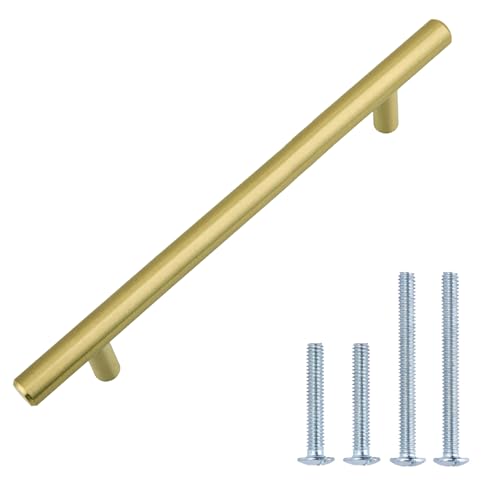 Image of Amazon Basics Euro Bar Cabinet Handles, Kitchen Cabinet Pulls, Hardware for Cupboards, 1 /2-inch Diameter, 7.38-inch Length, 5-inch Hole Center, Golden Champagne, 25-Pack