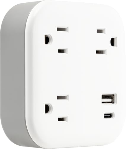 GE UltraPro 3-Outlet Surge Protector Wall Tap, 980J, USB-C & USB-A Ports, Adapter-Spaced Outlets, Circuit Breaker, ETL Certified, Low-Profile Design, White, 85875