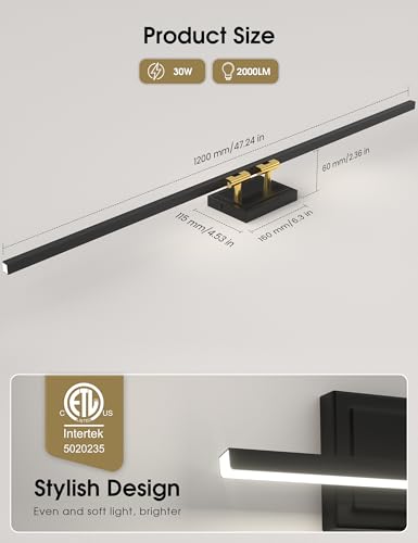 Image of VOLISUN Modern Bathroom Vanity Light 48 inch, Rotatable, 30W Dimmable 5CCT Led Bathroom Light Fixture Over Mirror, Black Gold Bar Vanity Light for Bathroom Mirror Cabinets-ETL Certificated
