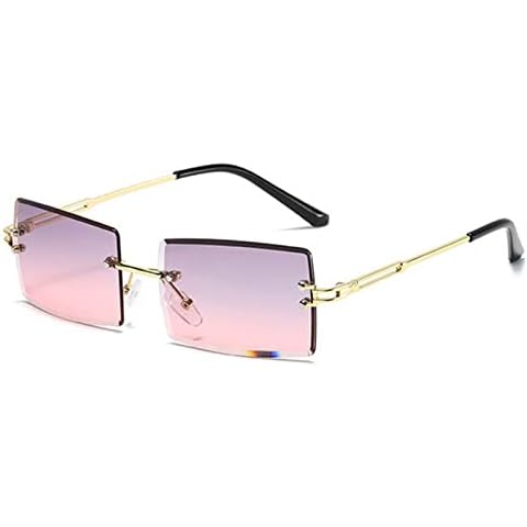 YUELUQU Retro Frameless Sunglasses for Women Men Fashion Retro Rectangle Glasses Square Transparent Sunglasses, A-gold/grey pink, Medium Cover