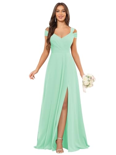 Image of petyoo Off Shoulder Chiffon Bridesmaid Dresses with Slit Long Formal Evening Dress