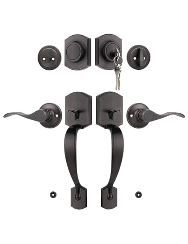 Image of Tinewa Oil Rubbed Bronze Double Front Door Handleset with Deadbolt - Upgraded Entry Door Handle Featuring Accent Wave Lever, Keyed & Dummy Exterior Handleset Combination