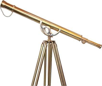 Designer Handmade Antique Single Barrel Telescope Unique Vintage Shiny Brass Finish Nautical Adjustable Wooden/Brass Floor Standing Tripod for Home & Office Decor