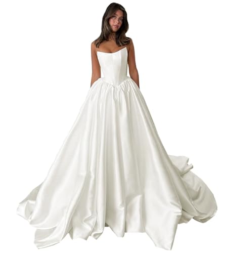 Strapless Satin Wedding Dresses for Women Bride Long Formal Evening Gowns with Pockets